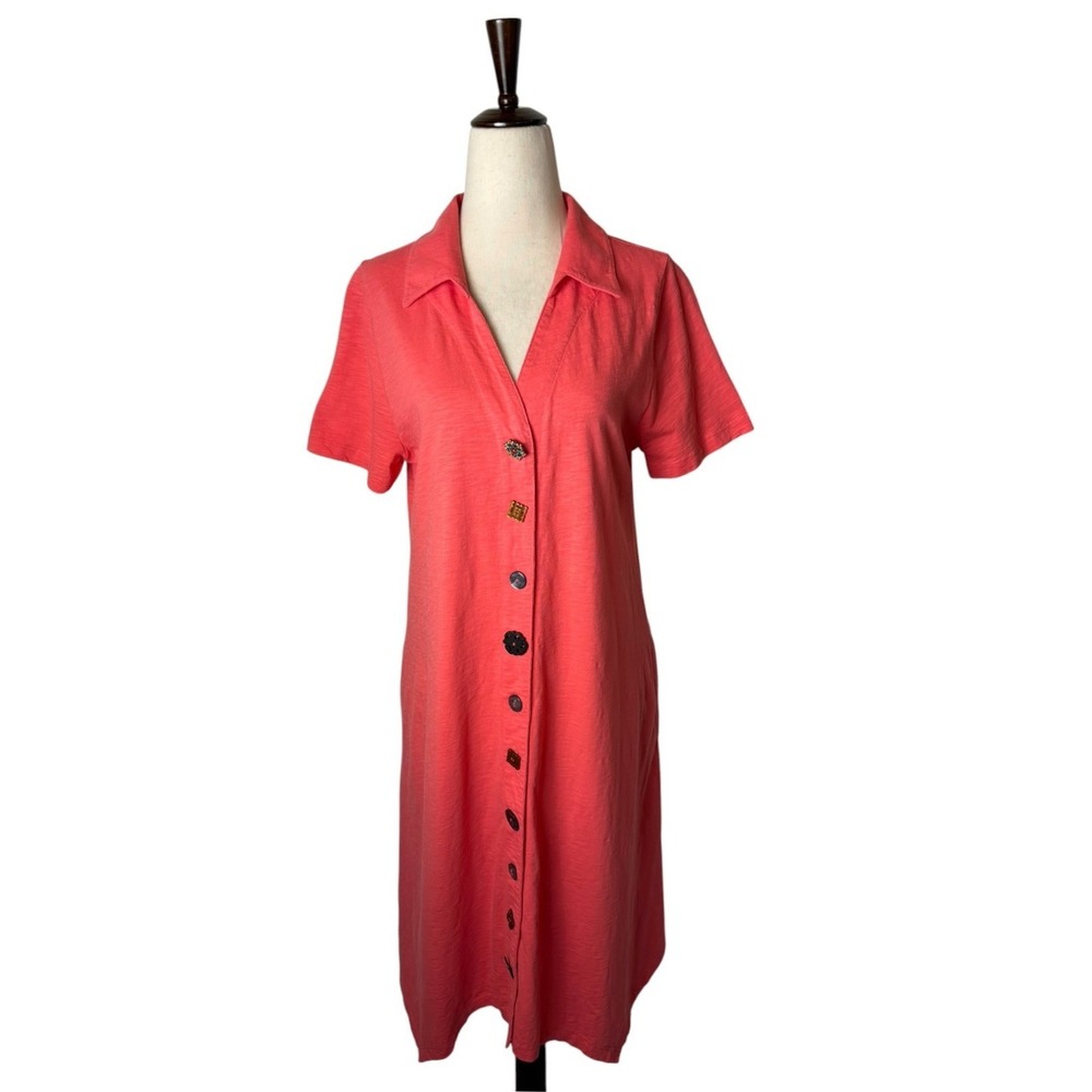 Soft Surroundings Danielle Button Dress Women Medium Pink Coral Slub Knit Boho - Picture 2 of 10